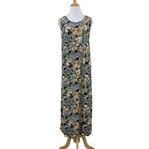 Vintage Hibiscus Collection Floral Maxi Dress S Small Side Slit Rayon Sleeveless